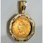 14KT GOLD Princess-Cut DIAMOND PENDANT U.S. 1/2 oz. Eagle Gold Coin 1.37 cts. (coin excluded)